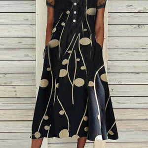 Black Geometric Print Contrast Lace Button Front V Neck Short Sleeve Dress