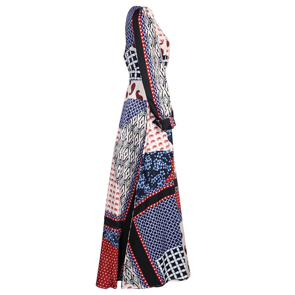 Geo Print Surplice Front V Neck Bishop Sleeve Backless Long Dress