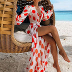 White Deep V Neck Red Polka Dot Lantern Sleeve Belted Long Dress