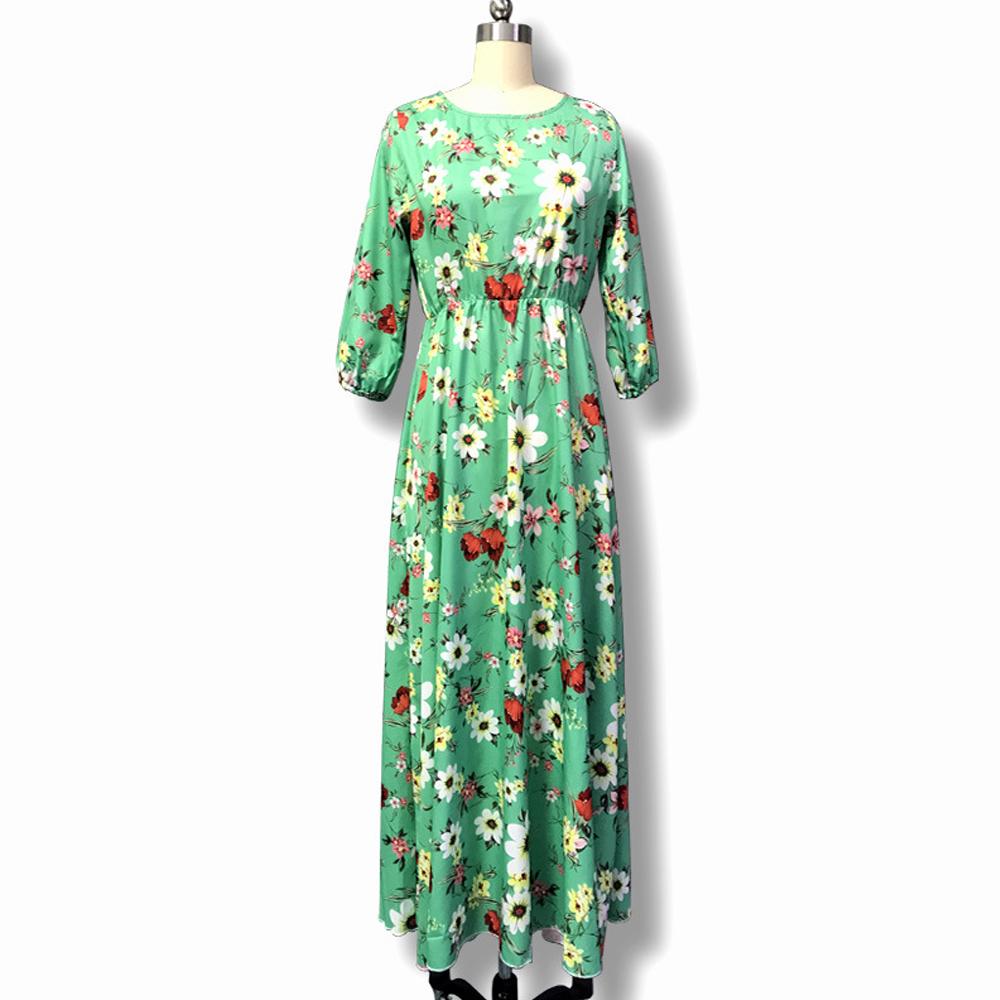 A-Line Floral Print Lantern Sleeve High Waist Long Dress Without Belt