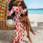 White Deep V Neck Red Polka Dot Lantern Sleeve Belted Long Dress
