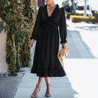 Solid Swiss Dot Mesh Flounce Sleeve Lettuce Trim V Neck Chiffon Dress