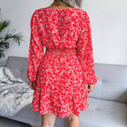 Fashion Long Sleeve Chiffon Dress Floral Printed Deep V-neck Midi Party Dress