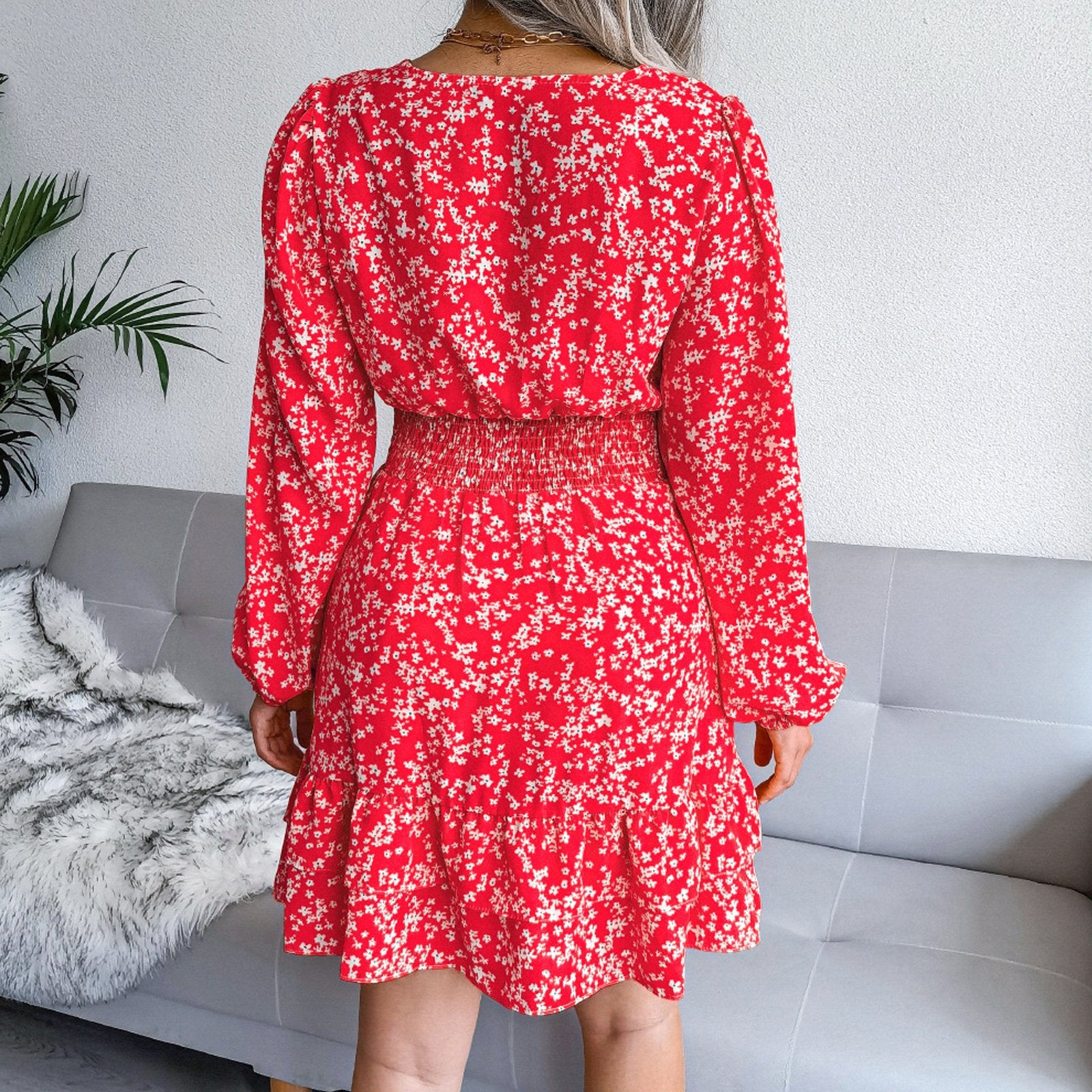 Fashion Long Sleeve Chiffon Dress Floral Printed Deep V-neck Midi Party Dress