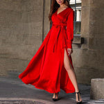 Solid Bishop Sleeve Surplice Front V Neck Split Thigh Belted Maxi Dress