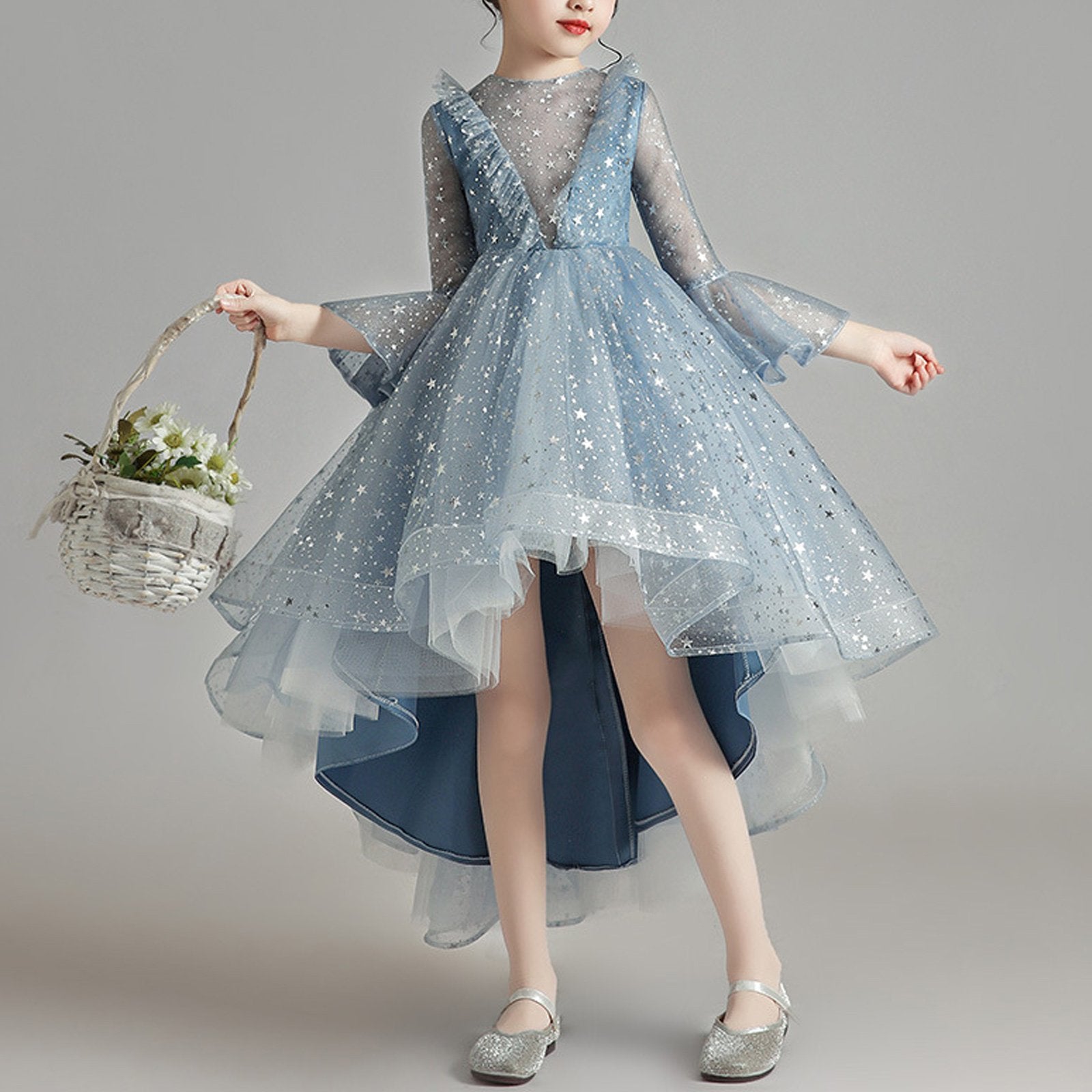 Girls Fashion Gold Sequins Prom Dress Children Pageant Gown Princess High-low Dress