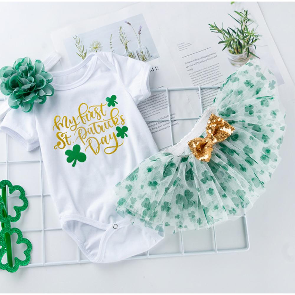 Baby Girl 1st St Patrick's Day Outfit Romper Flower Tutu Skirt and Headwear Suit