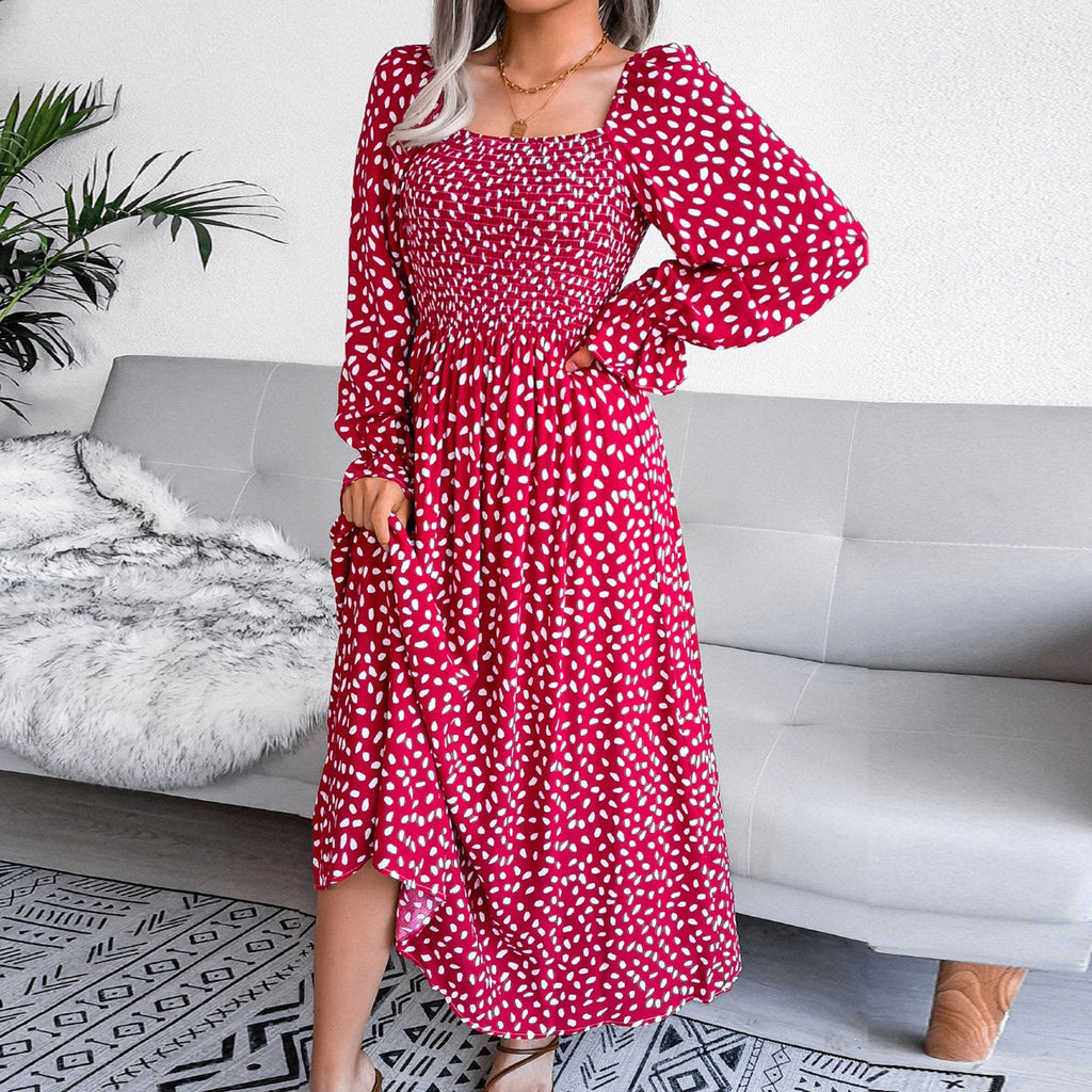 Dalmatian Print Flounce Sleeve Square Neck Shirred A Line Dress