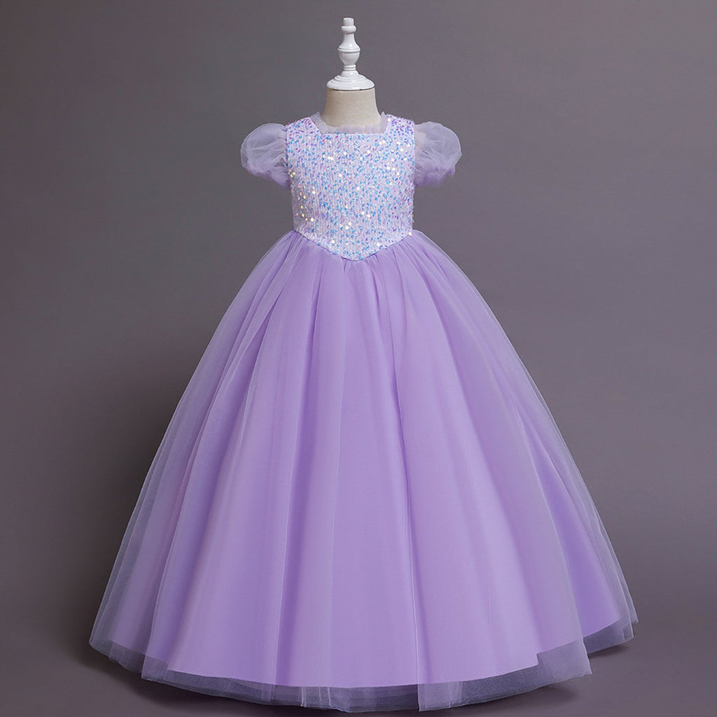Elegent Girls Pageant Dresses Puff Sleeve Sequins Formal Tulle Maxi Dress