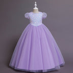 Elegent Girls Pageant Dresses Puff Sleeve Sequins Formal Tulle Maxi Dress