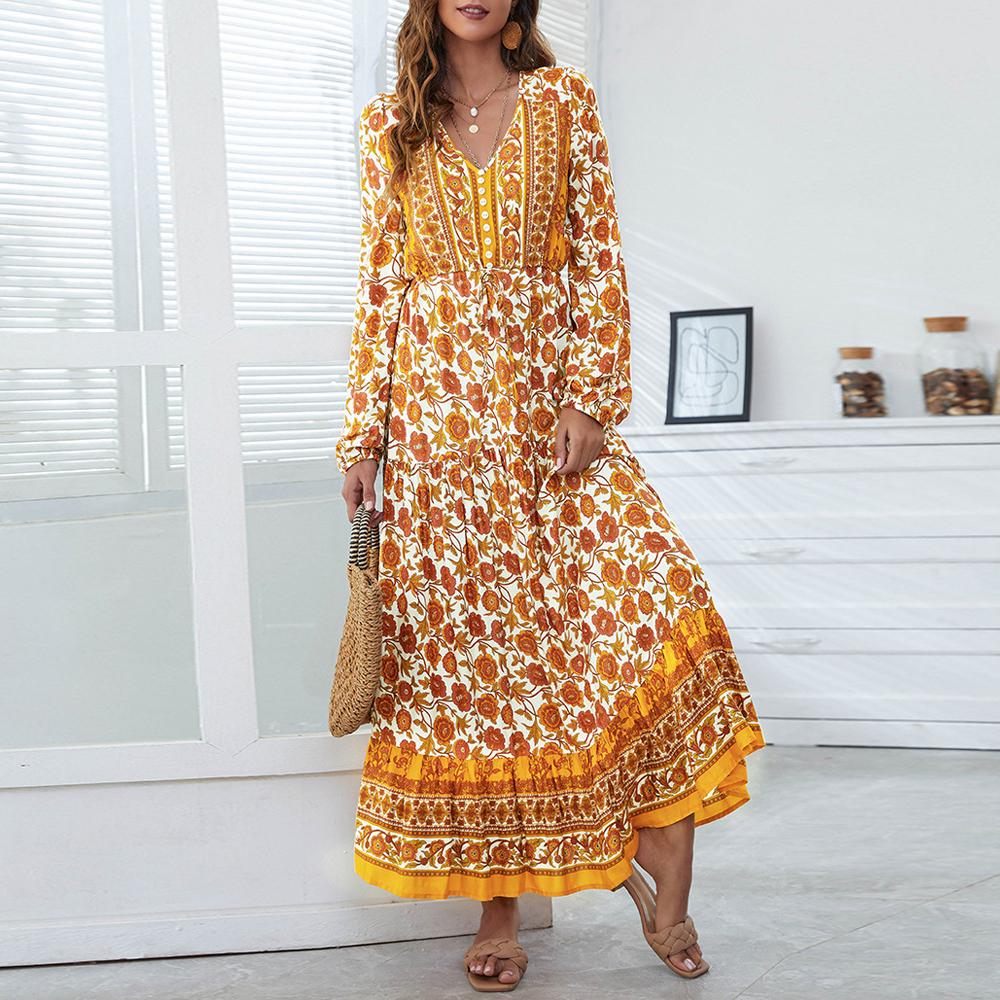Half Button Allover Floral Print V Neck Bishop Sleeve Maxi Dress