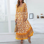Half Button Allover Floral Print V Neck Bishop Sleeve Maxi Dress