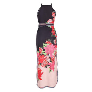 Floral Print Split Thigh Halter Neck Belted Cami Dress