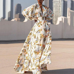 Floral Print Deep V Neck Batwing Sleeve Sexy Maxi Dress