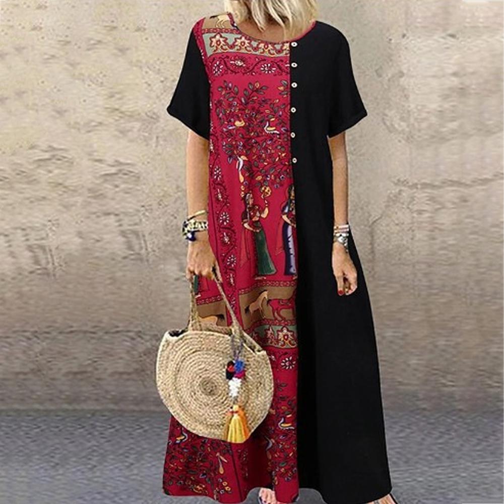Round Neck Colorblock Fresco Print Short Sleeve Vintage Dress