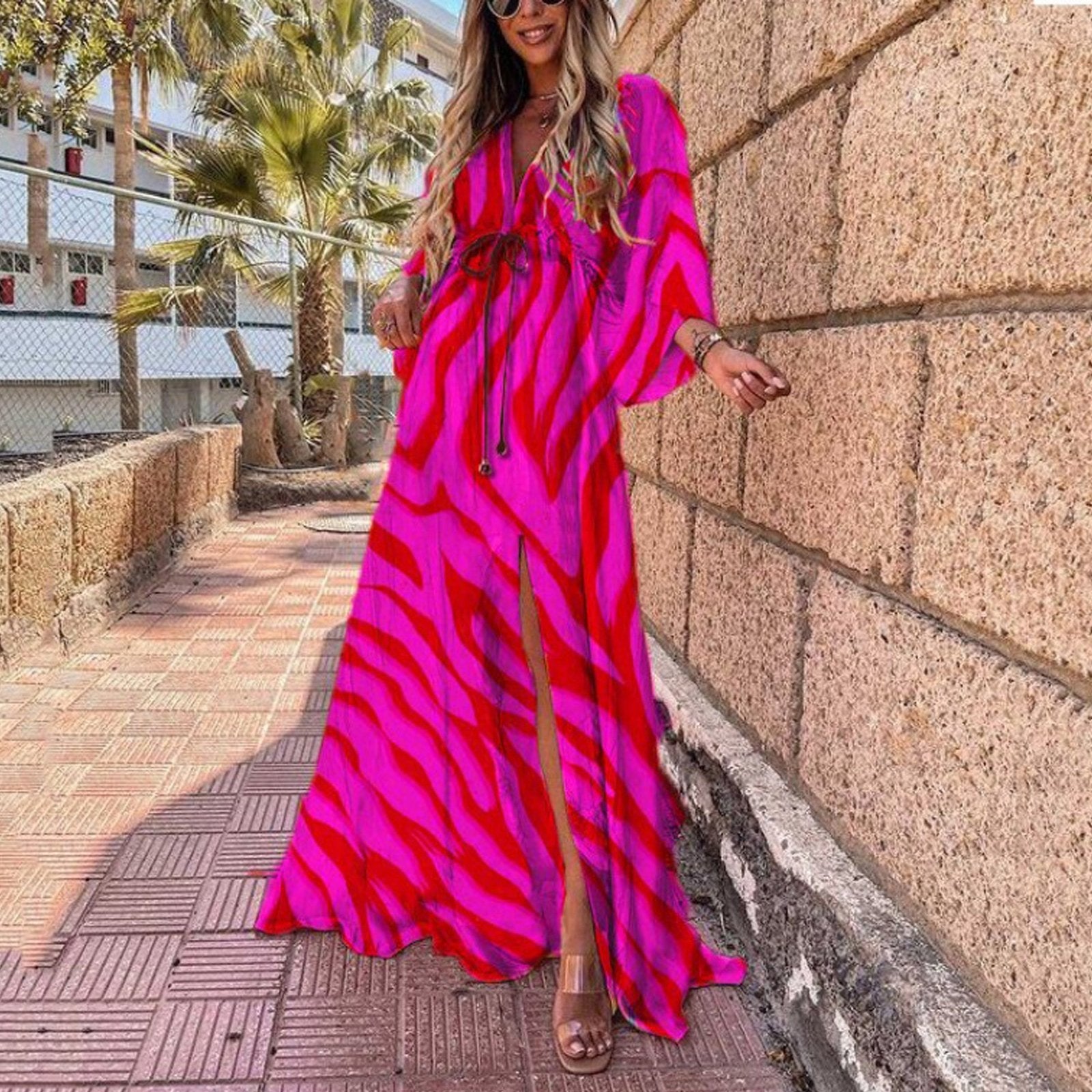 Drawstring Allover Heart & Leopard & Marble &  Floral & Graphic Print Plunging Neck Lantern Sleeve Maxi Dress