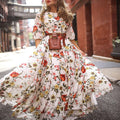 A-Line Floral Print Lantern Sleeve High Waist Long Dress Without Belt