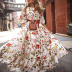 A-Line Floral Print Lantern Sleeve High Waist Long Dress Without Belt