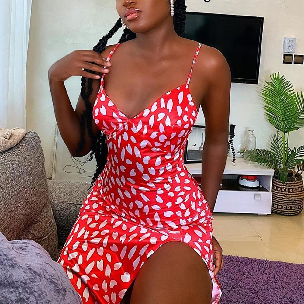 Red Allover Floral Print Slit Hem Cami Sexy Dress