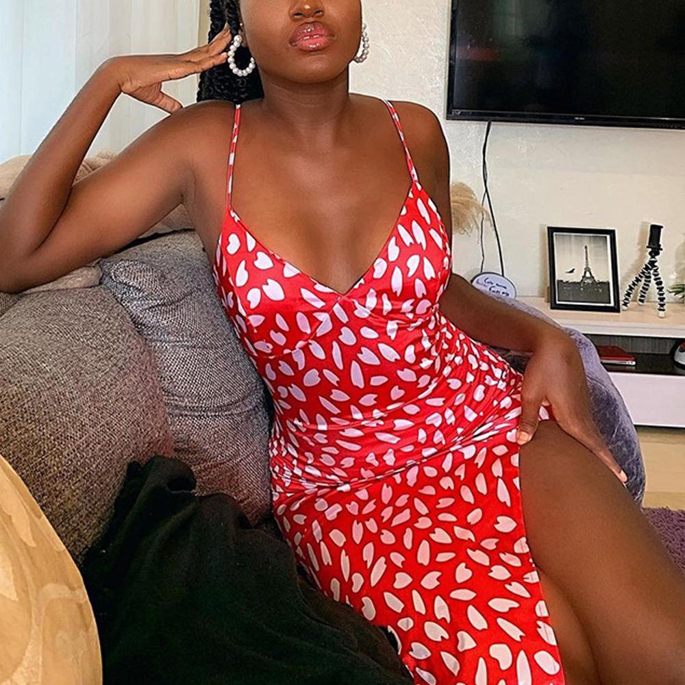 Red Allover Floral Print Slit Hem Cami Sexy Dress
