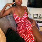 Red Allover Floral Print Slit Hem Cami Sexy Dress