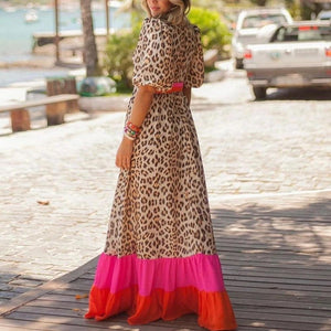Colorblock Leopard Print Contrast Trim V Neck Short Sleeve A-Line Maxi Dress