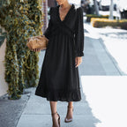 Solid Swiss Dot Mesh Flounce Sleeve Lettuce Trim V Neck Chiffon Dress