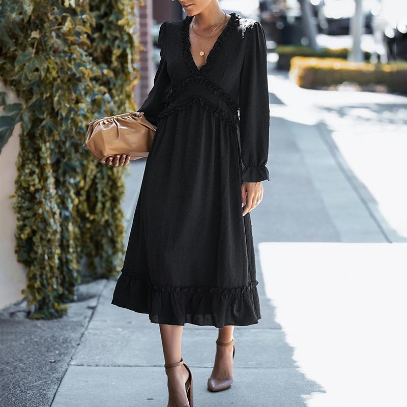 Solid Swiss Dot Mesh Flounce Sleeve Lettuce Trim V Neck Chiffon Dress