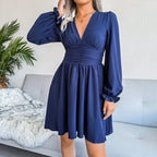 Sexy Pleated Chiffon Dress Elegent V-neck Solid Dress