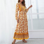 Half Button Allover Floral Print V Neck Bishop Sleeve Maxi Dress