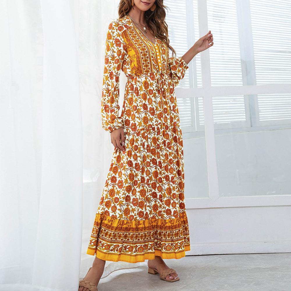 Half Button Allover Floral Print V Neck Bishop Sleeve Maxi Dress