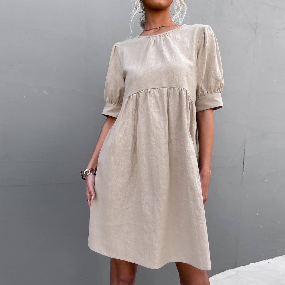 Solid Puff Sleeve Button Back Round Neck Casual Dress