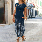 Floral Print Round Neck Short Sleeve Long Dress