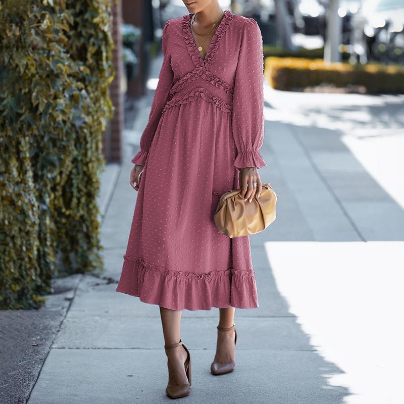Solid Swiss Dot Mesh Flounce Sleeve Lettuce Trim V Neck Chiffon Dress