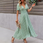 Puff Sleeve Button Detail Shirred Waist Ditsy Floral Print Slit Hem Dress