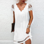 Black & White Scallop Detail V Neck Contrast Lace Short Sleeve Dress