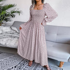 Adult Square Neck Maxi Dress Puff Sleeve Pleated Dress