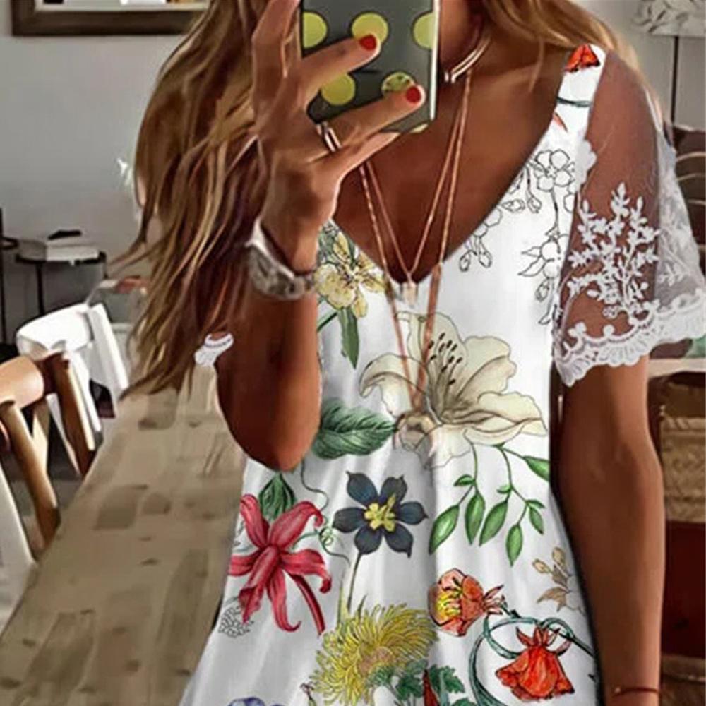 White V Neck Floral Print Contrast Lace Short Sleeve Dress