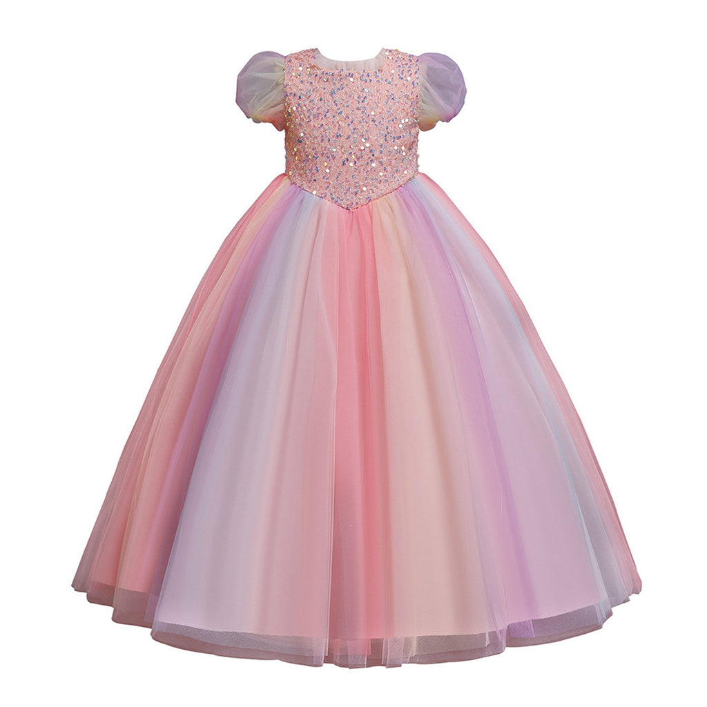 Elegent Girls Pageant Dresses Puff Sleeve Sequins Formal Tulle Maxi Dress