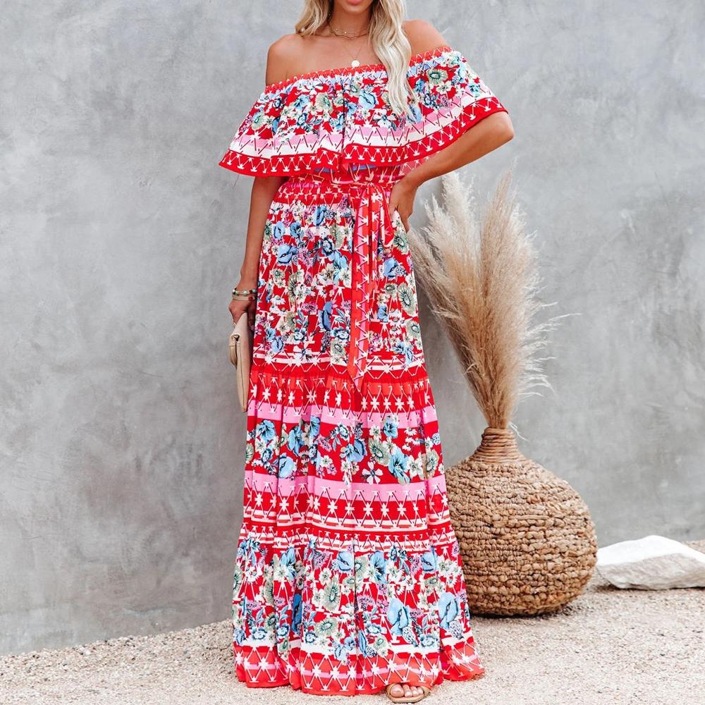 Allover Floral Print Off Shoulder Ruffle Hem Belted Maxi Dress