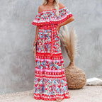 Allover Floral Print Off Shoulder Ruffle Hem Belted Maxi Dress