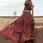 Floral Print Puff Sleeve Button Front Through V Neck Ruffle Slit Hem Dress Without Belt