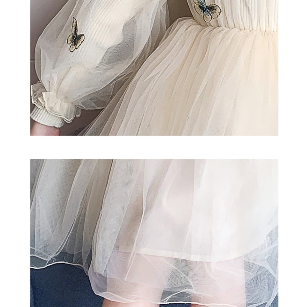 Girls Party Dress Butterfly Embroidery Lace Patchwork Knitted Dress