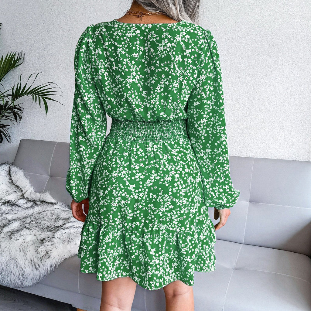 Fashion Long Sleeve Chiffon Dress Floral Printed Deep V-neck Midi Party Dress