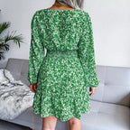 Fashion Long Sleeve Chiffon Dress Floral Printed Deep V-neck Midi Party Dress