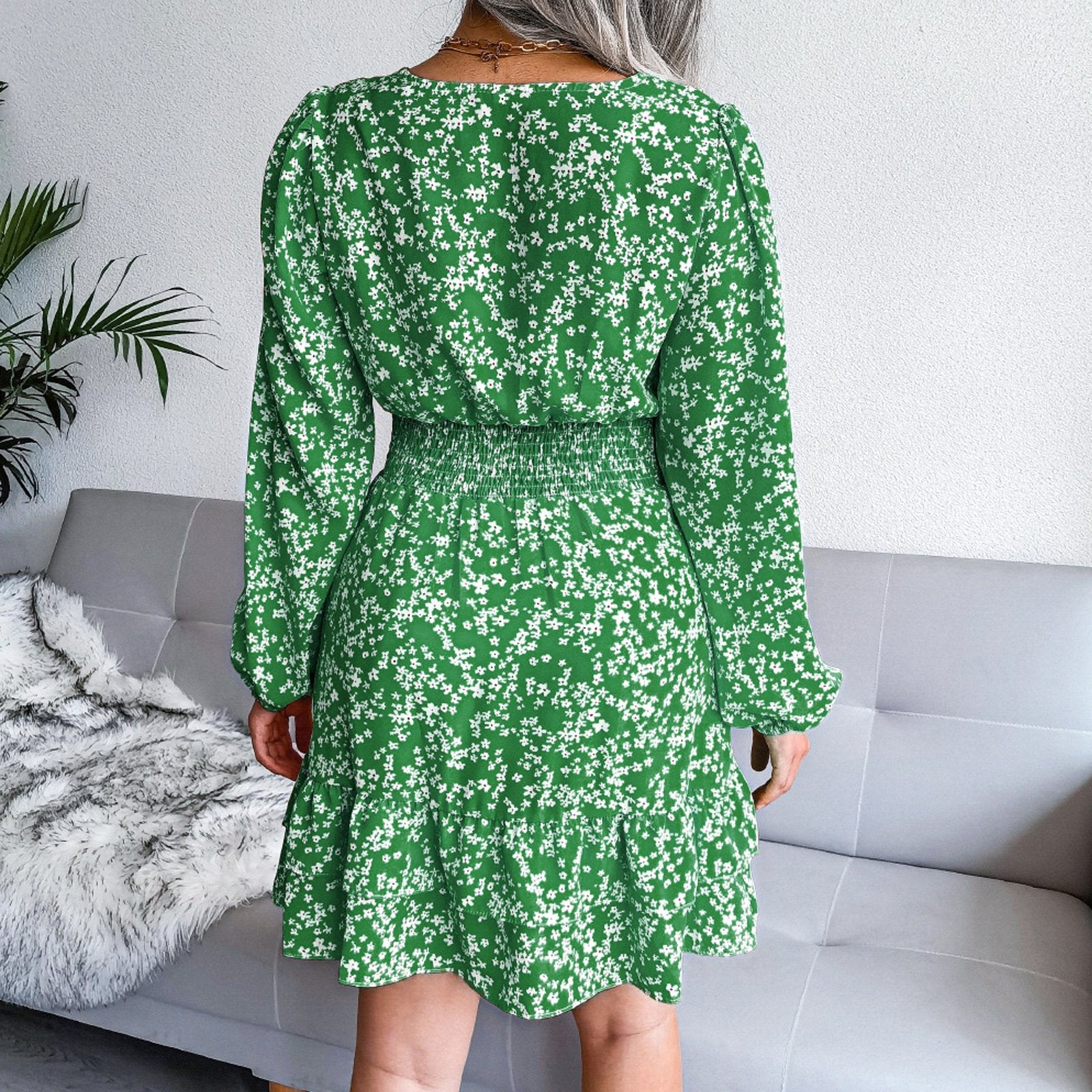 Fashion Long Sleeve Chiffon Dress Floral Printed Deep V-neck Midi Party Dress