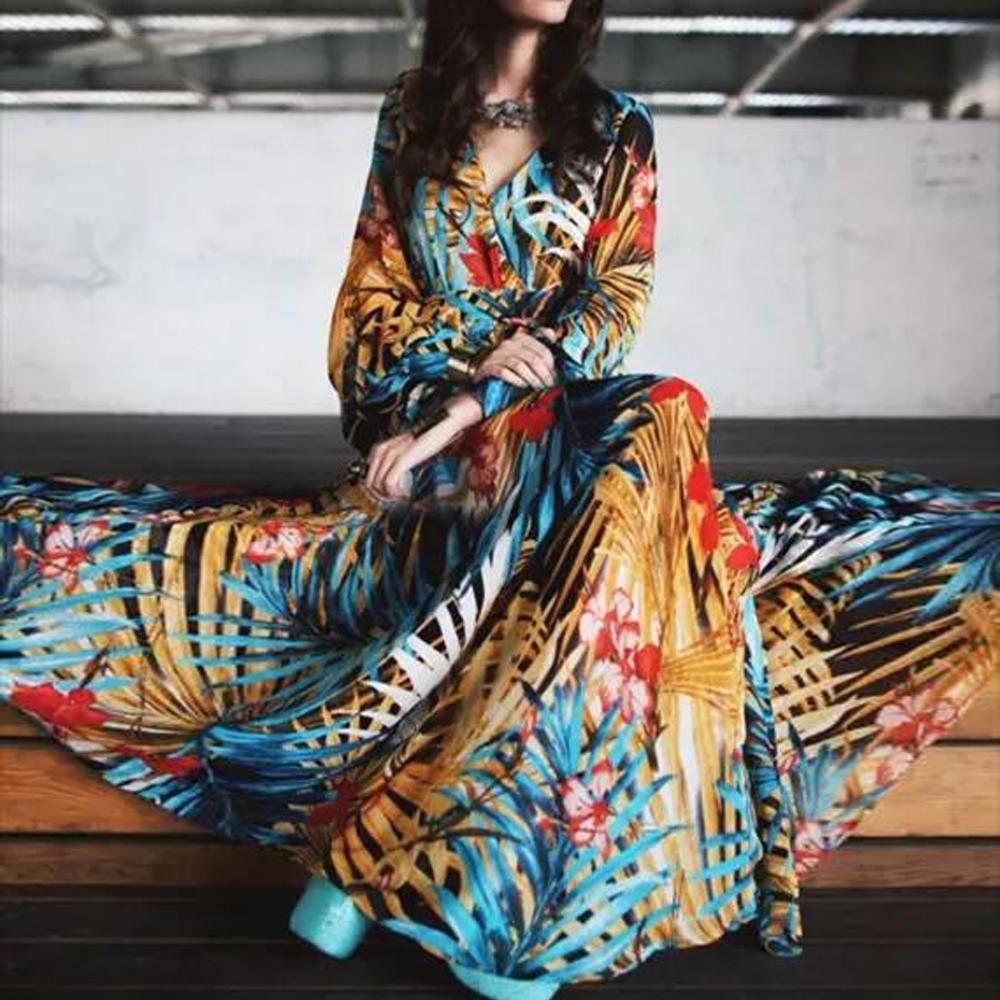 Tropical Leaves & Floral Print Lantern Sleeve V Neck Belted Maxi Dress