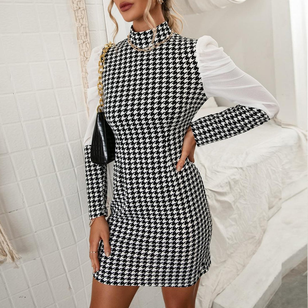 Stylish Plaid Stitching Dress Long Sleeve High-waist High Collar Dress