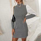 Stylish Plaid Stitching Dress Long Sleeve High-waist High Collar Dress