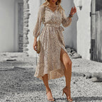 V Neck Polka Dot Print Long Sleeve High Low Hem Belted Dress